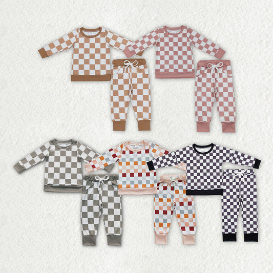 5 Colors Plaid Print Kids Fall Pajamas Clothes Set Sibling Wear