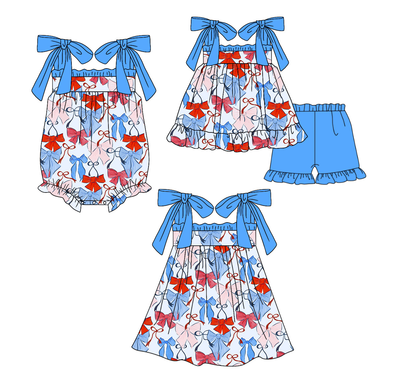 12.12(Custom Design Preorder MOQ 5 Each Design) Pink Blue Bows Print Girls Summer Matching Clothes Sisters Wear