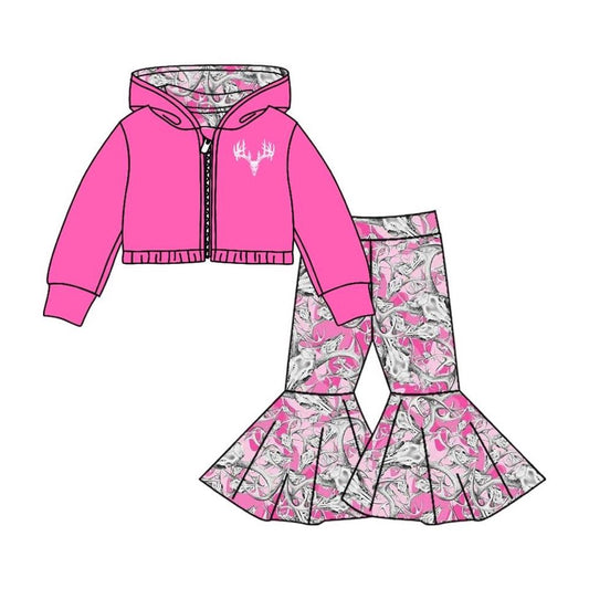 (Custom Design MOQ 5) Pink Deer Print Hoodie Jacket Top Girls Clothes Set