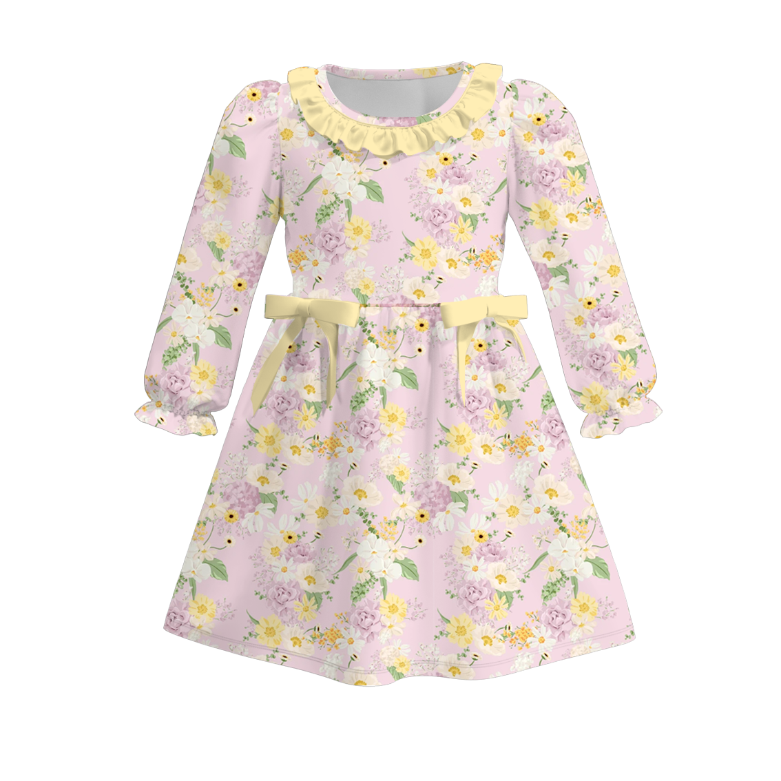 (Custom Design Preorder MOQ 5) Flowers Print Girls Knee Length Fall Dress