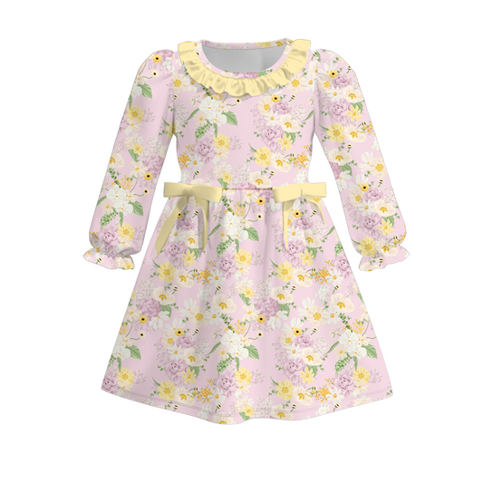 (Custom Design Preorder MOQ 5) Flowers Print Girls Knee Length Fall Dress