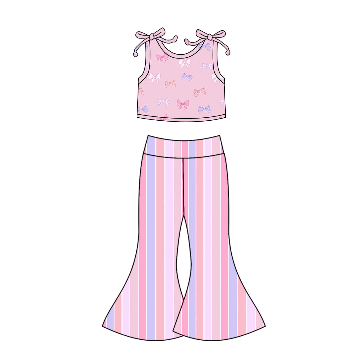 5.5(Custom Design Preorder MOQ 5) Bows Crop Top Stripes Bell Pants Girls Clothes Set