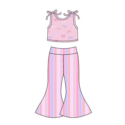 5.5(Custom Design Preorder MOQ 5) Bows Crop Top Stripes Bell Pants Girls Clothes Set