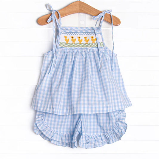 (Custom Design Preorder MOQ 5) Duck Plaid Tunic Top Ruffle Shorts Girls Summer Clothes Set