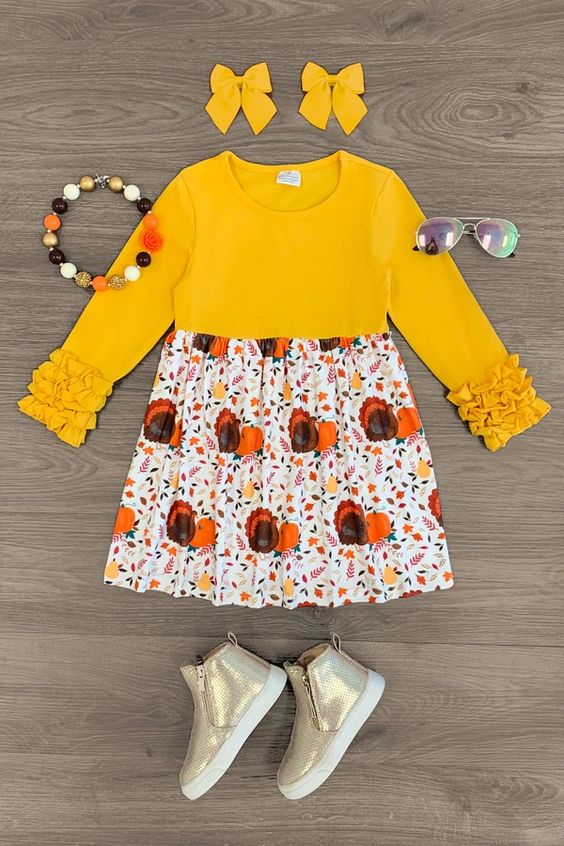 (Custom Design Preorder MOQ 5) Turkey Pumpkin Print Girls Knee Length Fall Dress