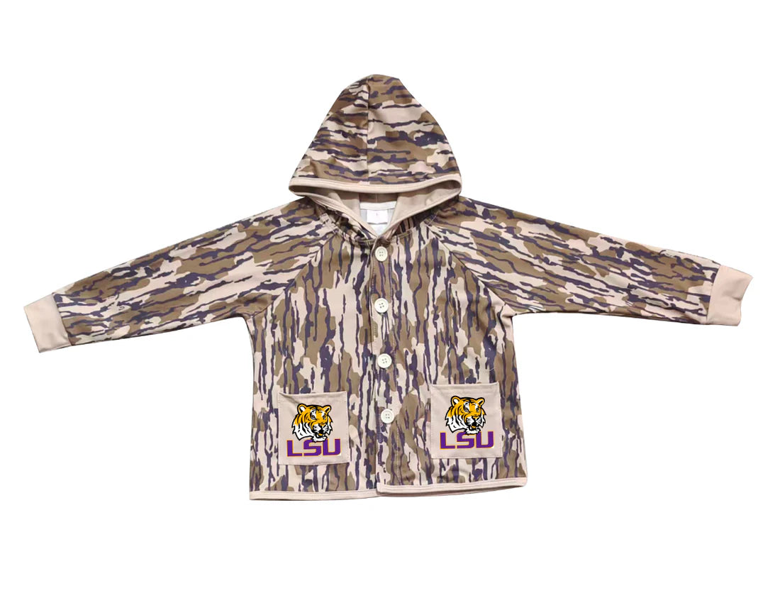 (Custom Design Preorder MOQ 5 Each Item) Team's LSU Tigers Camo Print Pockets Buttons Kids Fall Hoodie Jackets Top Mom and Me Matching Clothes