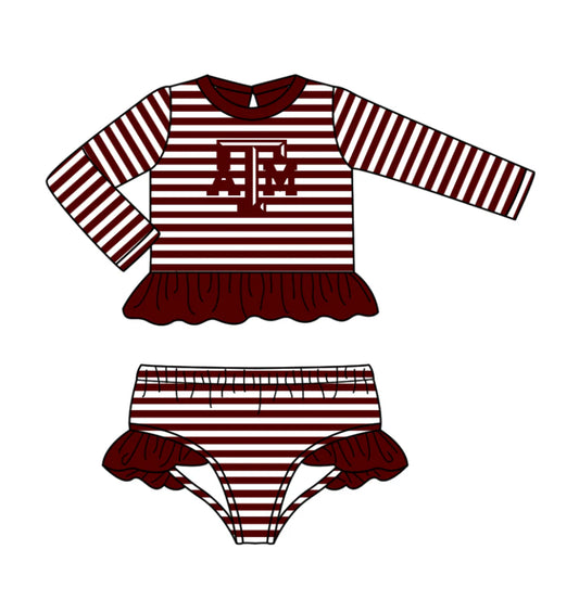 (Custom Design Preorder MOQ 5) Team's Texas A&M Stripes Print Girls 2 Pieces Swimsuits