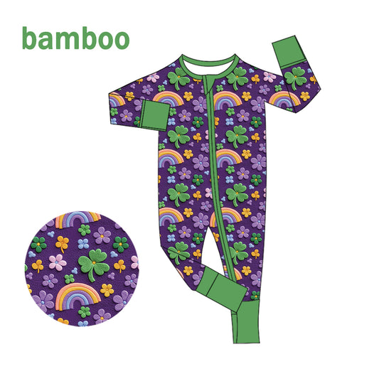 (Custom Design Preorder MOQ 20) Flowers Rainbow Print Baby Girls Fall Long Sleeve Bamboo Sleeper Zipper Romper