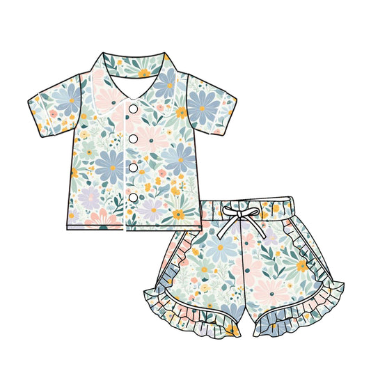 (Custom Design Preorder MOQ 5) Light Flowers Print Girls Summer Pajamas Clothes Set