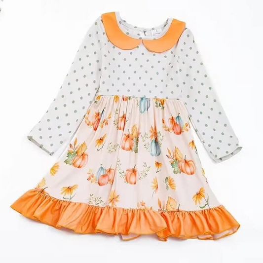 (Custom Design Preorder MOQ 5) Pumpkin Print Girls Knee Length Fall Dress