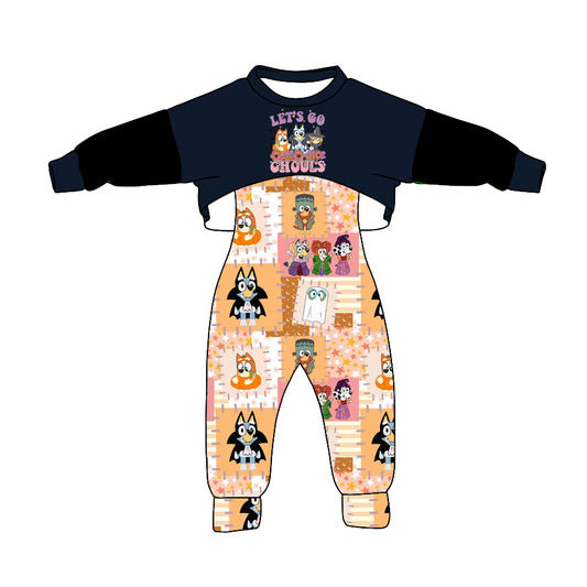 (Custom Design MOQ 5) Black Top Cartoon Dog Dog Jumpsuit Girls Halloween Clothes Set