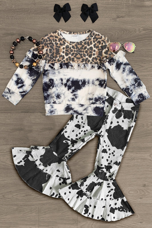 (Custom Design Preorder MOQ 5) Leopard Black Tie-dye Top Cow Print Denim Jeans Girls Clothes Set