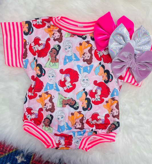 (Custom Design Preorder MOQ 5) Cartoon Princess Print Baby Girls Summer Romper