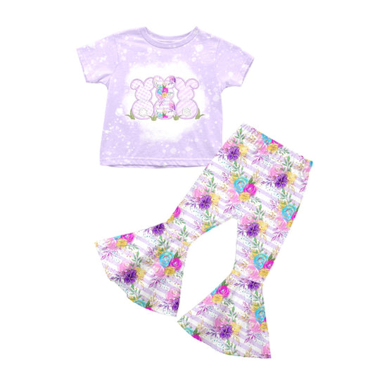 (Custom Design Preorder MOQ 5) Violet Flowers Print Girls Bell Pants Easter Clothes Set