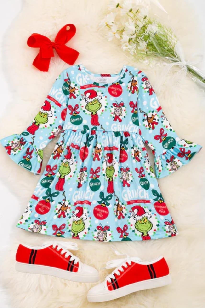 (Custom Design MOQ 5) Christmas Frog Print Girls Knee Length Dress