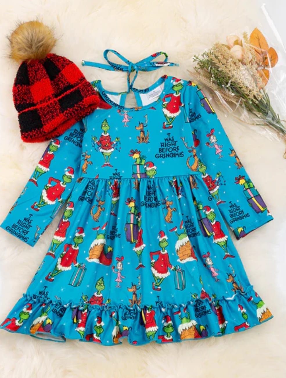 (Custom Design MOQ 5) Blue Christmas Frog Print Girls Knee Length Dress