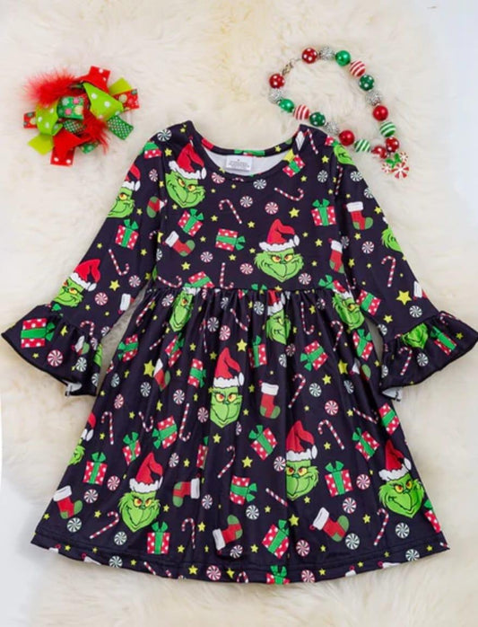 (Custom Design MOQ 5) Black Christmas Frog Print Girls Knee Length Dress