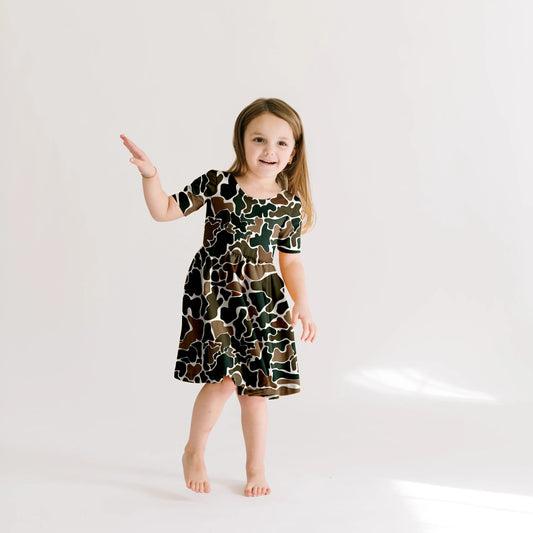 (Custom Design Preorder MOQ 5) Brown Camo Print Girls Summer Knee Length Dress
