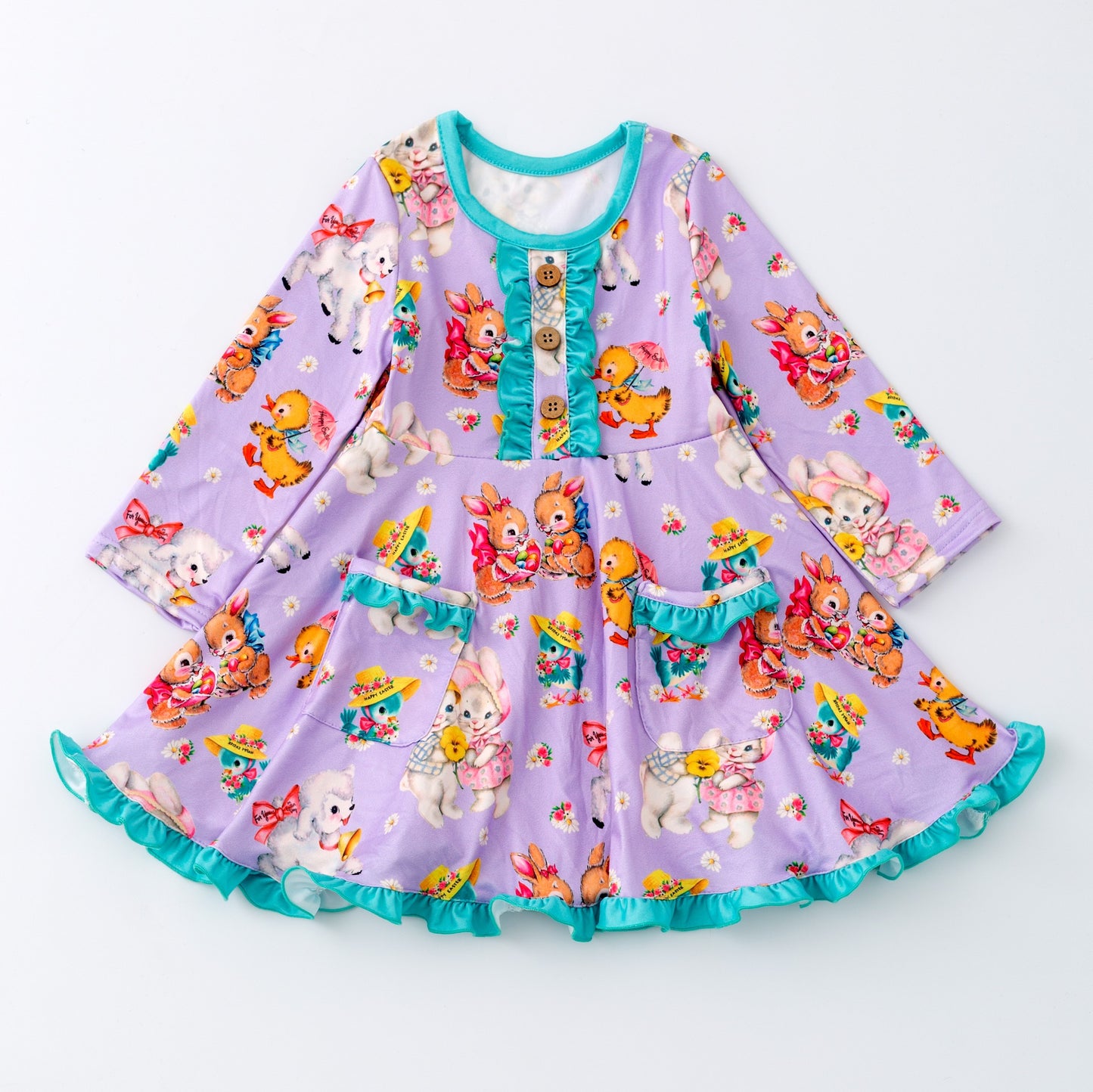 (Custom Design Preorder MOQ 5) Animals Flowers Purple Print Pockets Girls Long Sleeve Knee Length Dress