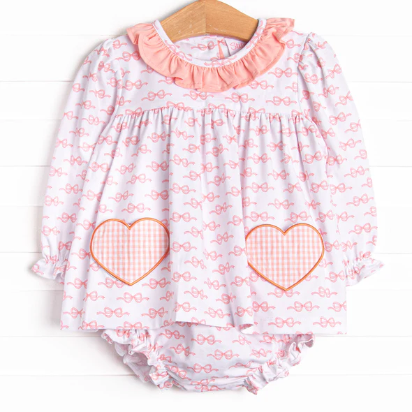 (Custom Design Preorder MOQ 5) Bows Heart Print Baby Girls Valentine's Day Bummie Set