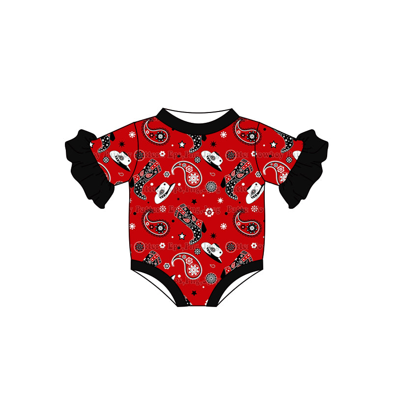 (Custom Design MOQ 5) Red Paisley Print Baby Girls Western Romper