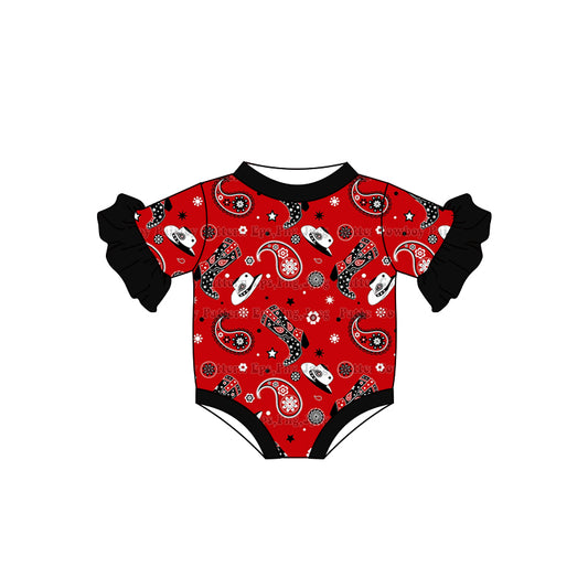 (Custom Design MOQ 5) Red Paisley Print Baby Girls Western Romper