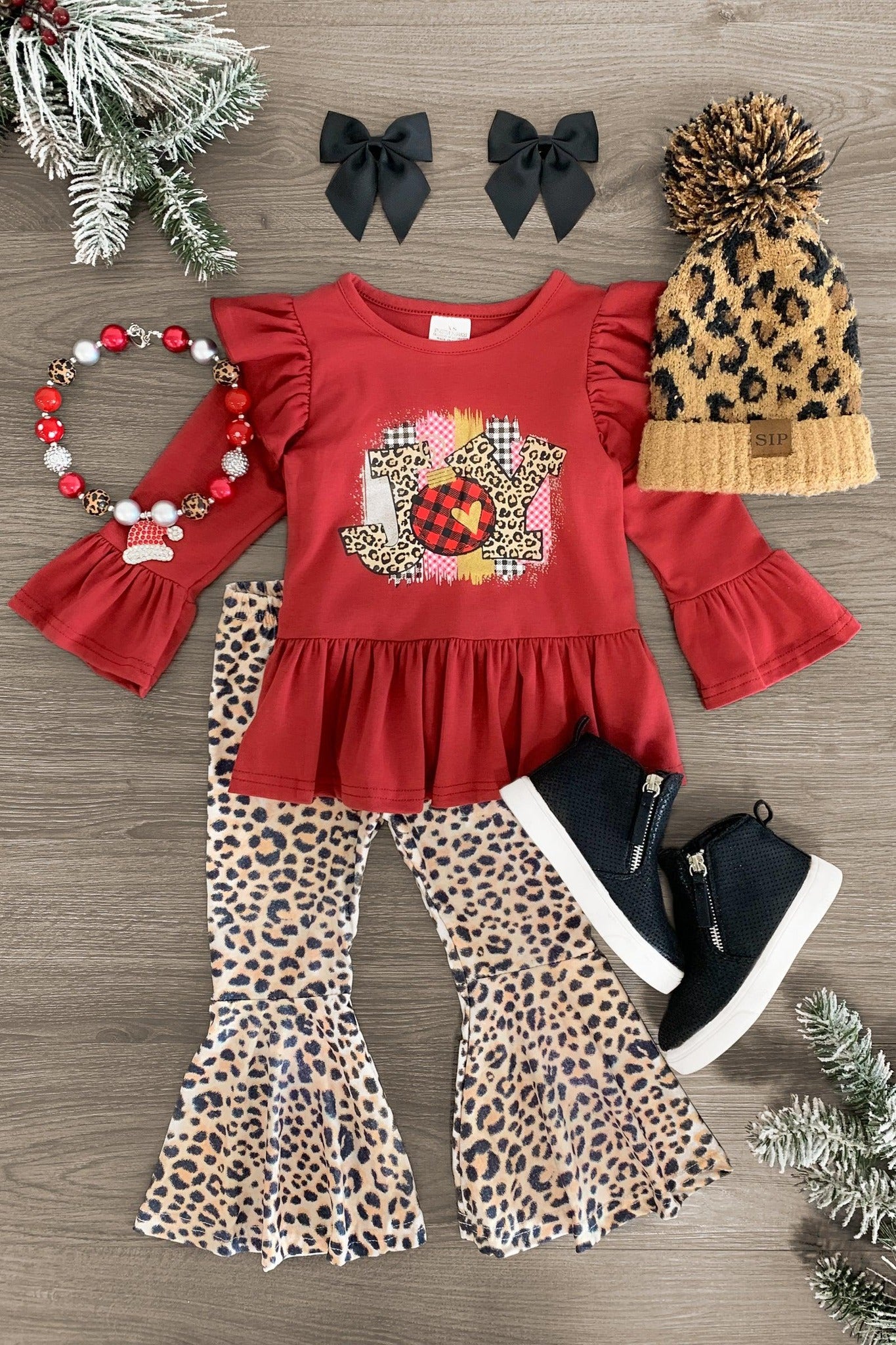 (Custom Design MOQ 5) Joy Leopard Girls Christmas Clothes Set