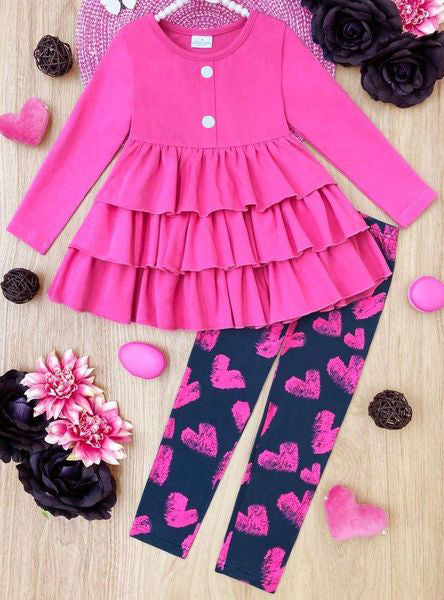 (Custom Design MOQ 5) Hot Pink Tunic Top Heart Legging Pants Girls Valentine's Clothes Set