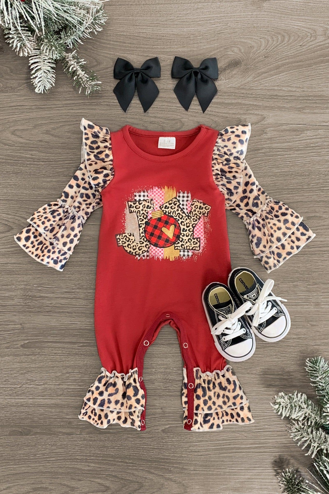 (Custom Design MOQ 5) Joy Leoprad Print Baby Girls Christmas Romper