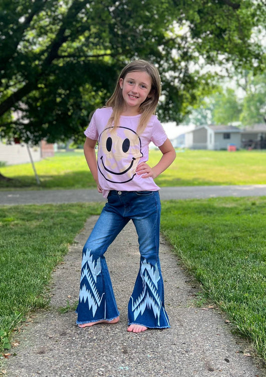 GT0192+P0126 Pink Smiling Top Blue Bleached Denim Bell Jeans Girls Clothes Set