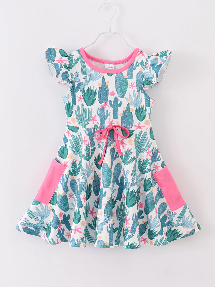 (Custom Design Preorder MOQ 5)  Cactus Print Pocket Girls Knee Length Summer Dress