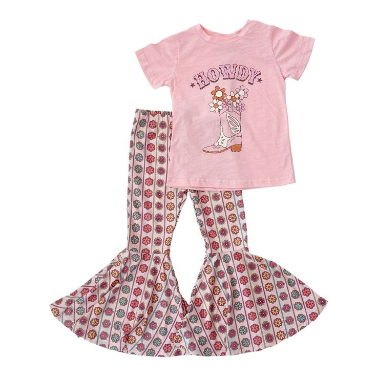 (Custom Design Preorder MOQ 5) Howdy Boots Top Flowers Bell Pants Girls Western Clothes Set