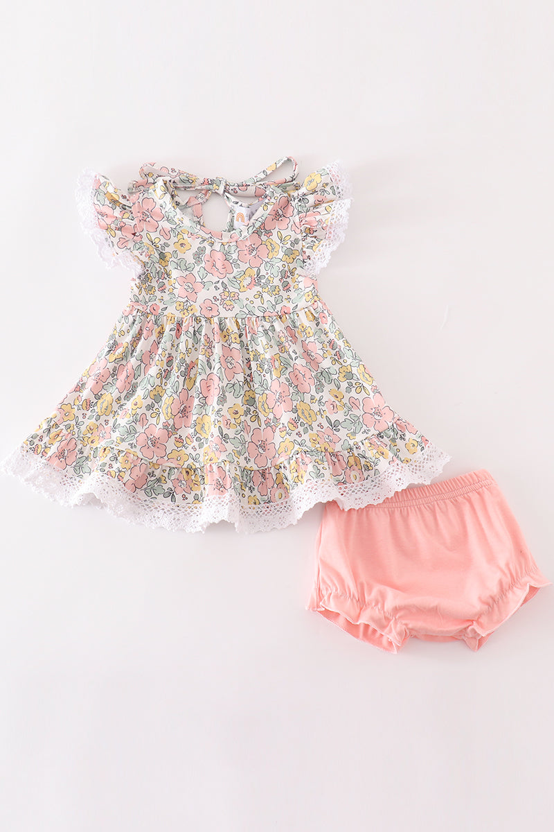 (Custom Design Preorder MOQ 5) Pink Yellow Flowers Print Baby Girls Spring Bummie Set