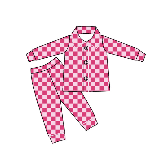 (Custom Design Preorder MOQ 5)  Pink Plaid Print Girls Buttons Pajamas Clothes Set