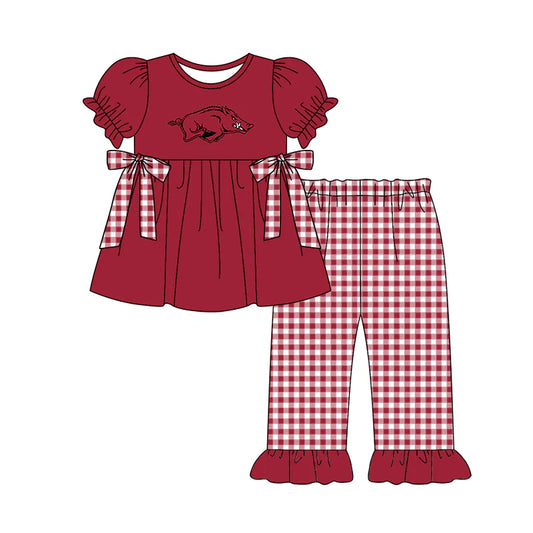 (Custom Design Preorder MOQ 5)  Team's Arkansas Tunic Top Plaid Pants Girls Clothes Set