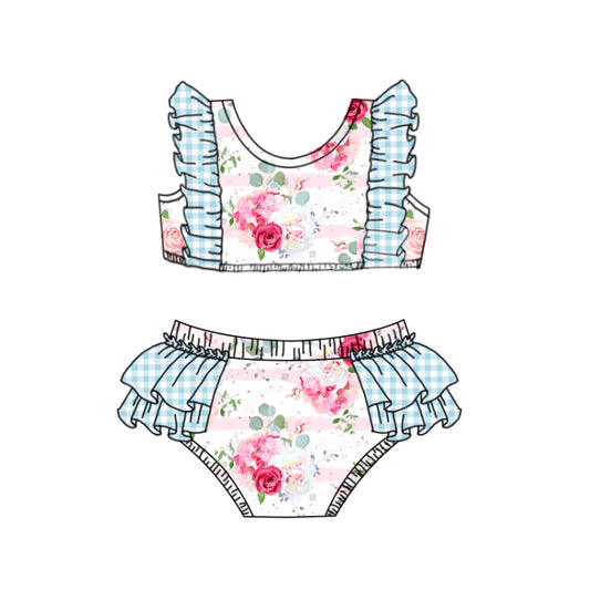 (Custom Design Preorder MOQ 5) Blue Flowers Print Girls 2 Pieces Swimsuits