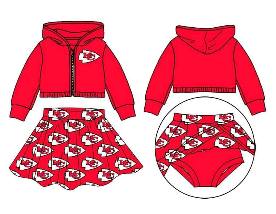 (Custom Design Preorder MOQ 5) Team's CHIEFS Red Print Skirts With Shorts Girls Clothes Sets