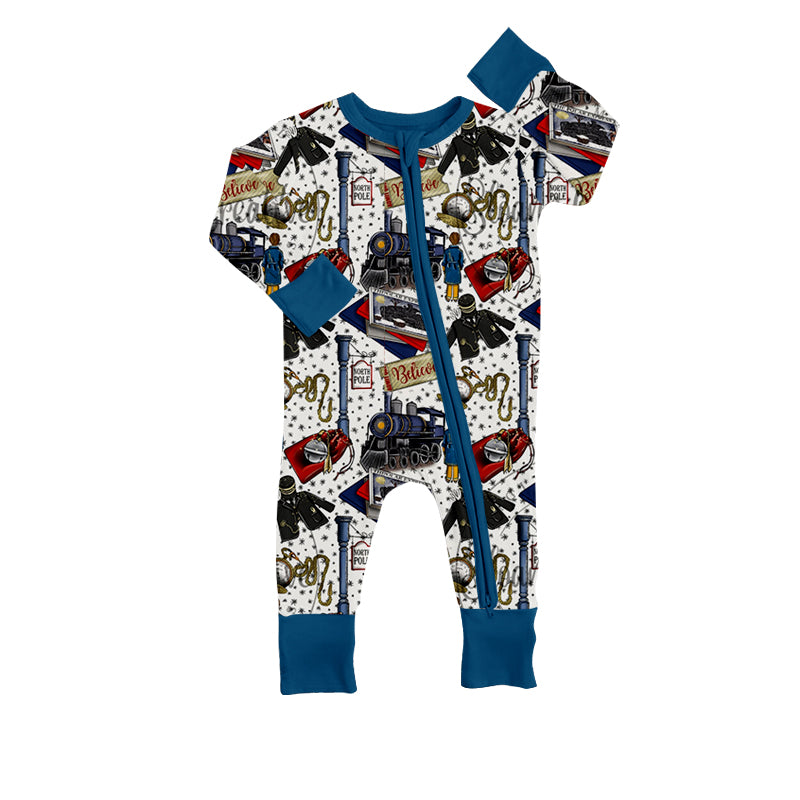 (Custom Design MOQ 5) Blue Polar Train Print Baby Zipper Christmas Romper