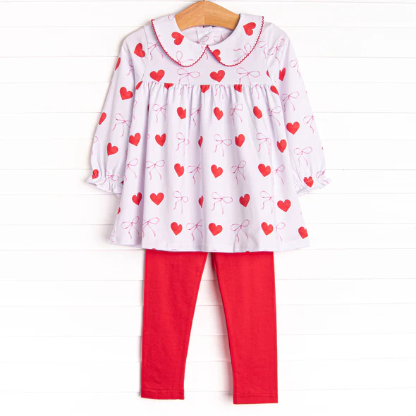 (Custom Design Preorder MOQ 5) Bows Heart Tunic Top Red Pants Girls Valentine's Day Clothes Set