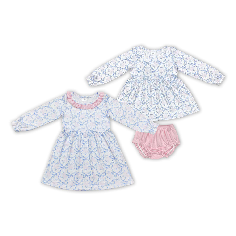 Blue Bows Pink Flowers Print Sisters Matching Clothes