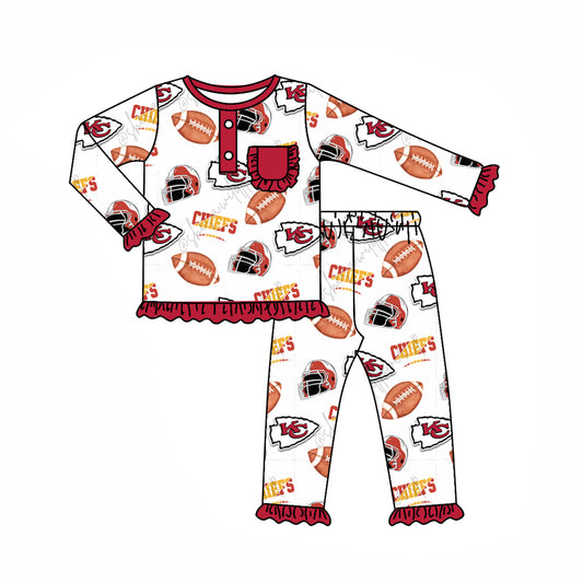 (Custom Design Preorder MOQ 5) Team's KC White Print Pocket Girls Fall Pajamas Clothes Set