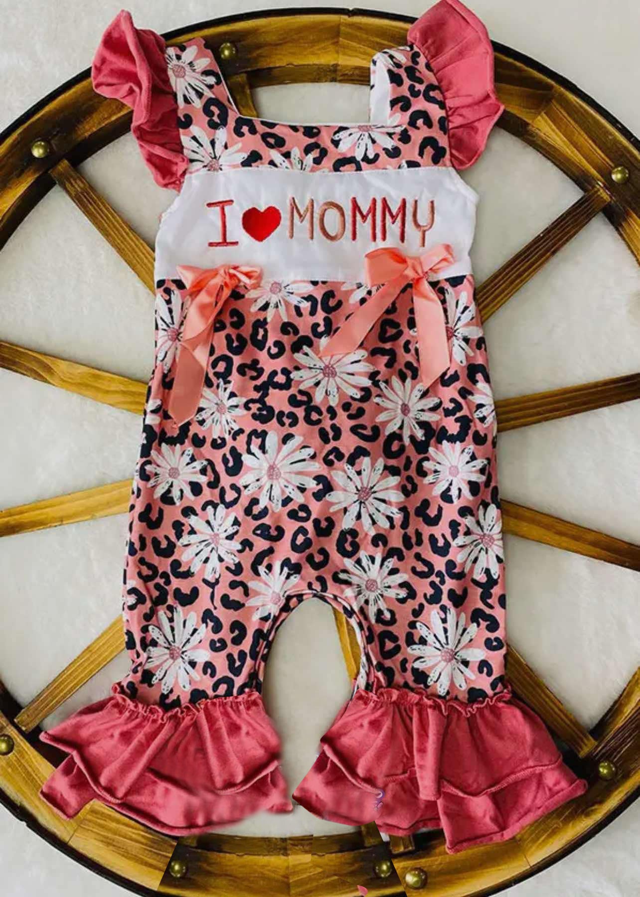 (Custom Design Preorder MOQ 5) I LOVE MOMMY Pink Flowers Print Baby Girls Summer Romper
