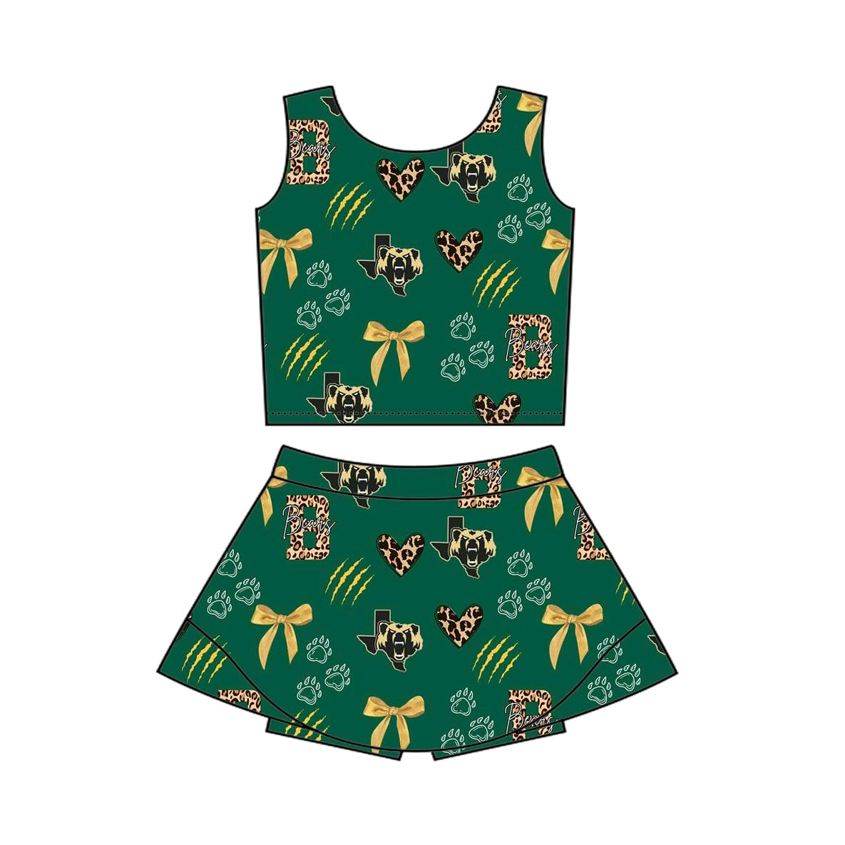 (Custom Design Preorder MOQ 5) Team's B Bows Green Print Shorts Skirts Girls Summer Yoga Clothes Set