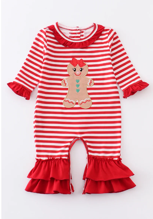 (Custom Design Preorder MOQ 5) Gingerbread Red Stripes Print Baby Girls Christmas Romper