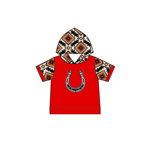 (Custom Design Preorder MOQ 5) Short Sleeve Red Aztec Boys Western Hoodie Tee Shirts Top