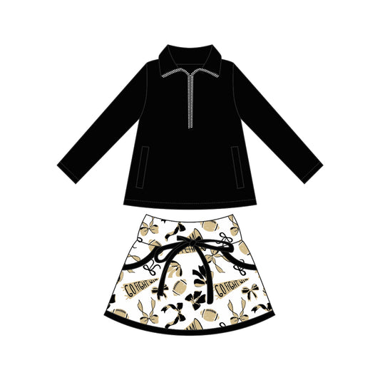 (Custom Design Preorder MOQ 5) Black Zipper Pullover Top Team's Cheer Bows Skirts Girls Clothes Sets