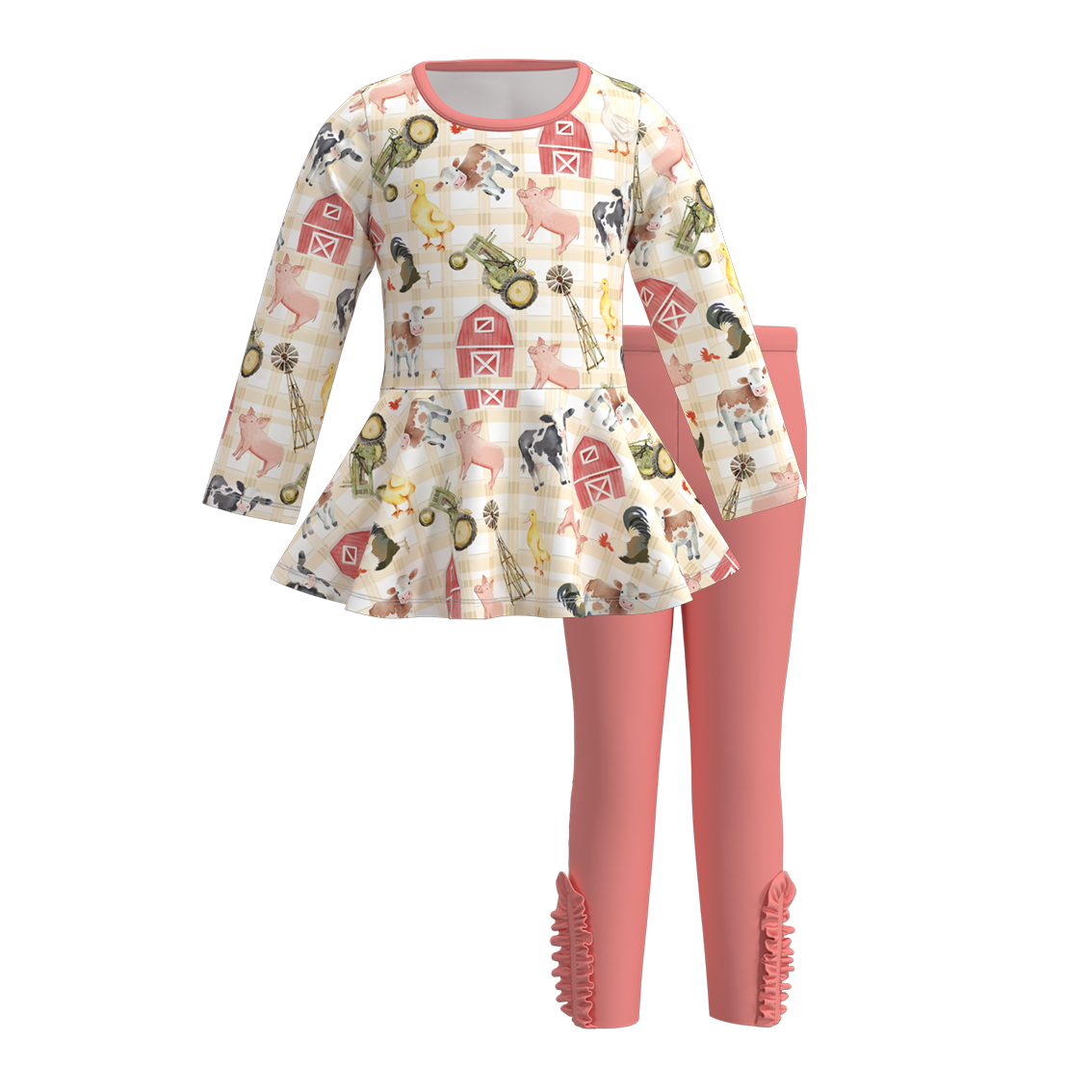 (Custom Design Preorder MOQ 5) Farm Animals Tunic Top Pink Pants Girls Fall Clothes Set