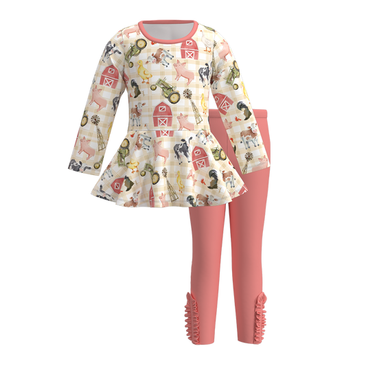 (Custom Design Preorder MOQ 5) Farm Animals Tunic Top Pink Pants Girls Fall Clothes Set