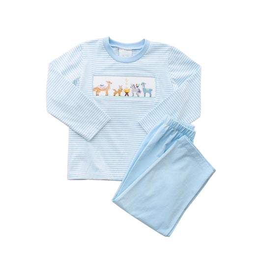 (Custom Design Preorder MOQ 5) Alpaca Blue Stripes Top Blue Pants Boys Fall Clothes Set