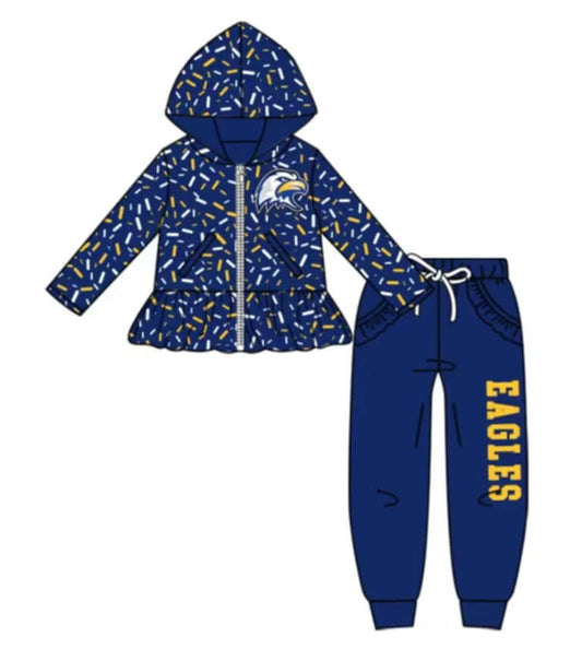(Custom Design Preorder MOQ 5) Team's EAGLES Zipper Hoodie Top Pockets Pants Girls Fall Clothes Set